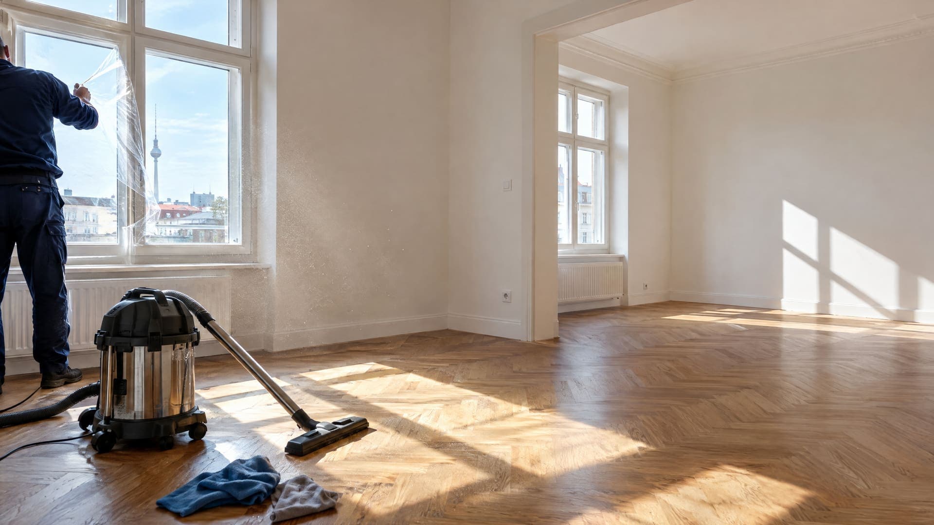 Frisch sanierte Berliner Altbauwohnung mit Fischgrätparkett, Staubsauger und Schutzfolie am Fenster