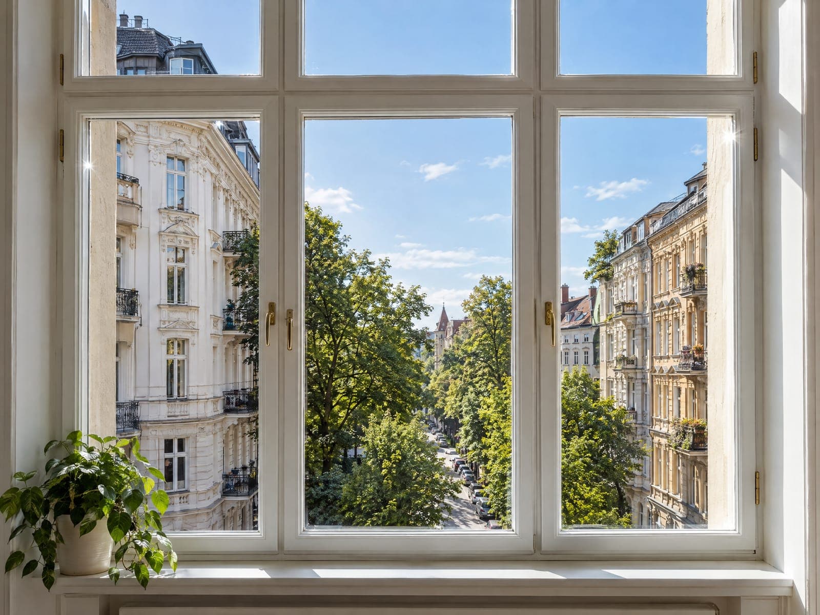 Streifenfrei gereinigtes Altbaufenster mit klarem Blick auf eine Berliner Straße