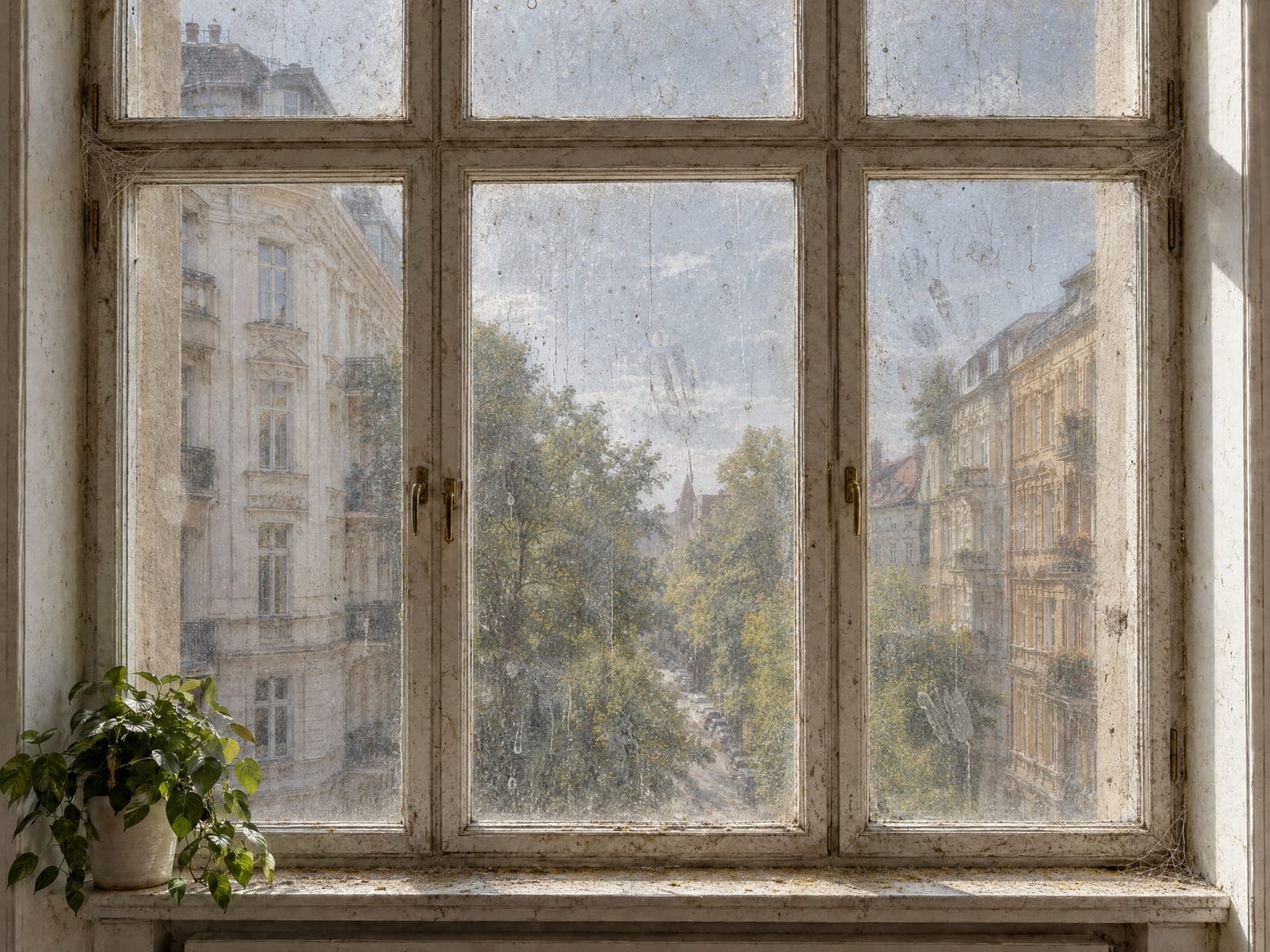 Verschmutztes Altbaufenster in Berlin mit Grauschleier, Regenspuren und Spinnweben
