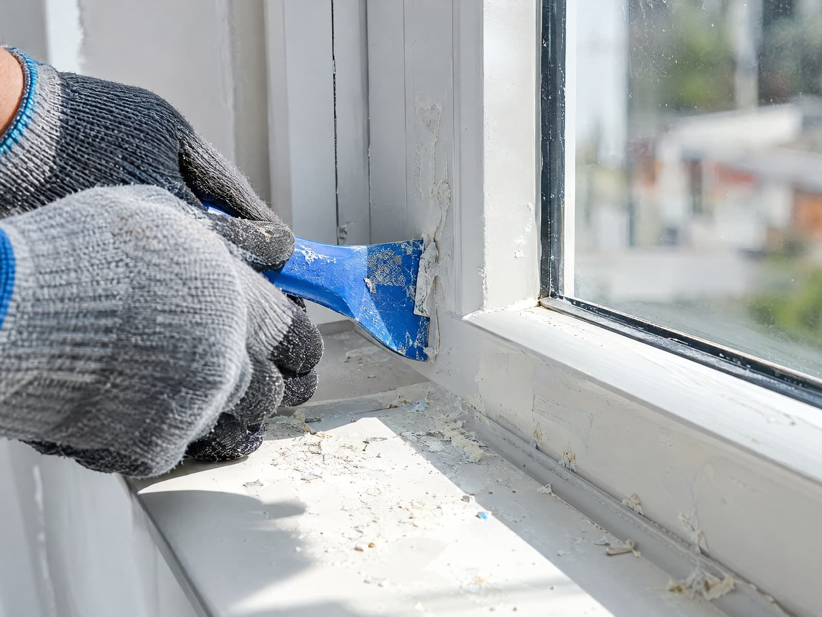 Farbreste und Kleberückstände werden nach der Renovierung vom Fensterrahmen entfernt