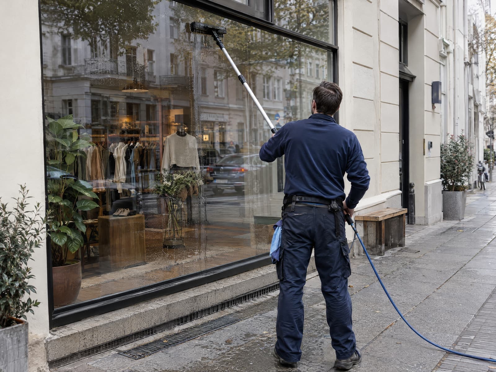 Fensterputzer reinigt ein großes Schaufenster an einer Berliner Straße mit Teleskopstange