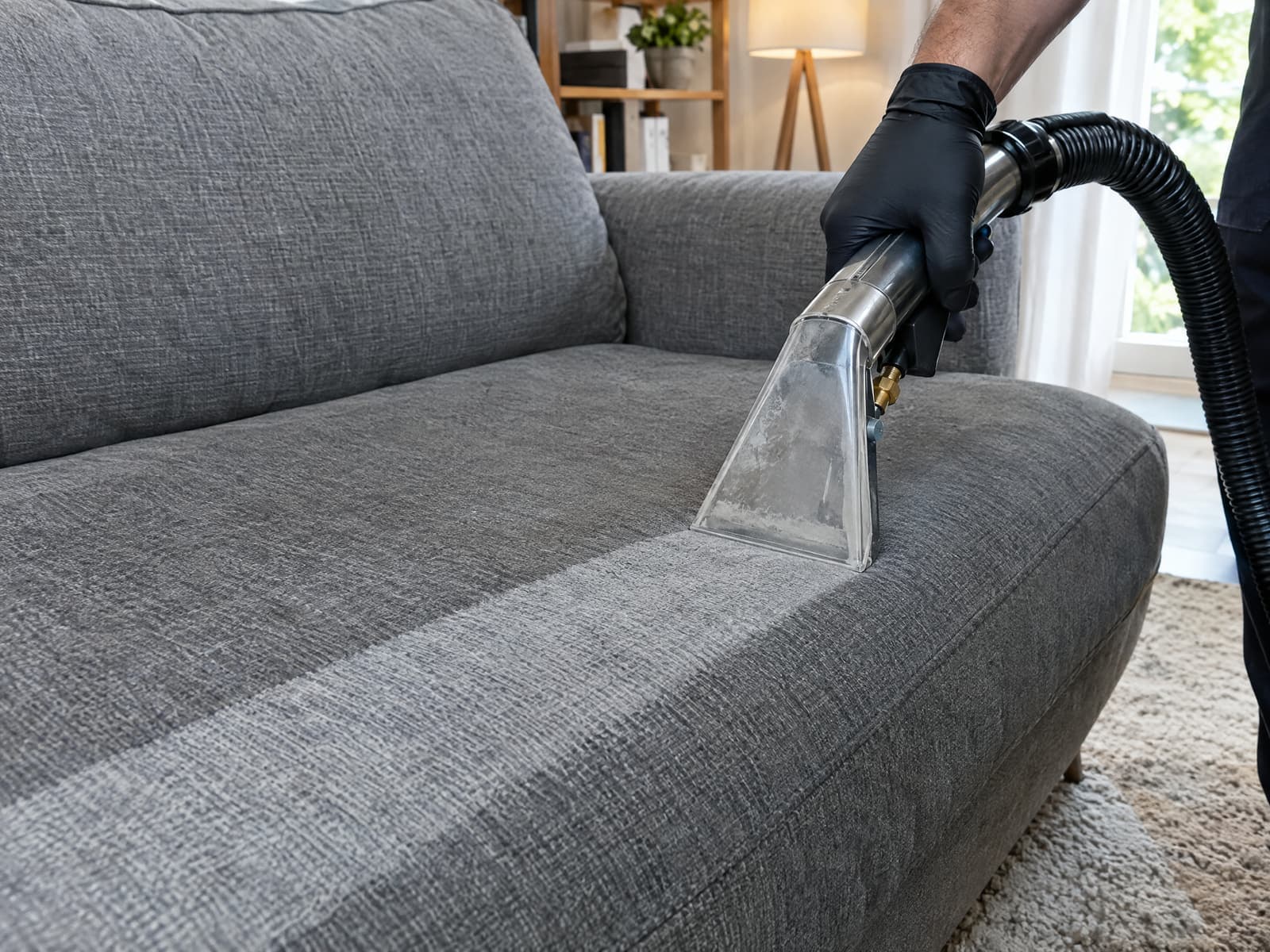 Sofa wird mit Polster-Sprühextraktion tiefengereinigt, saubere Bahn sichtbar