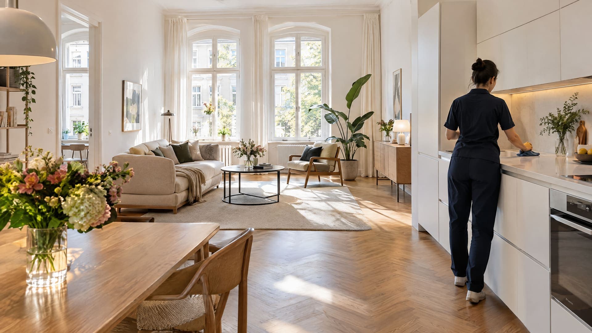 Helle Berliner Altbauwohnung, eine Küchenarbeitsplatte wird abgewischt