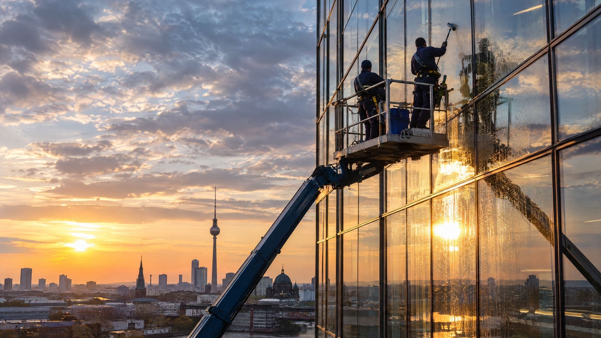 Fensterreiniger auf einer Arbeitsbühne an einer Berliner Glasfassade im Abendlicht