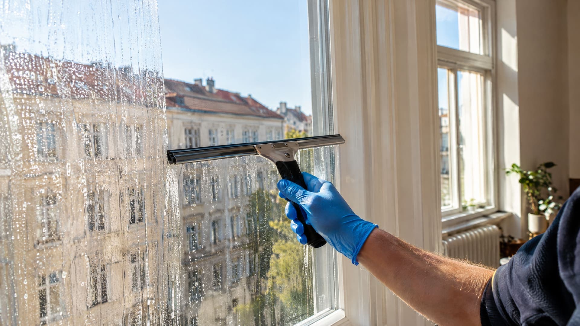 Hand im Schutzhandschuh zieht einen Fensterabzieher über eine sonnige Altbau-Fensterscheibe