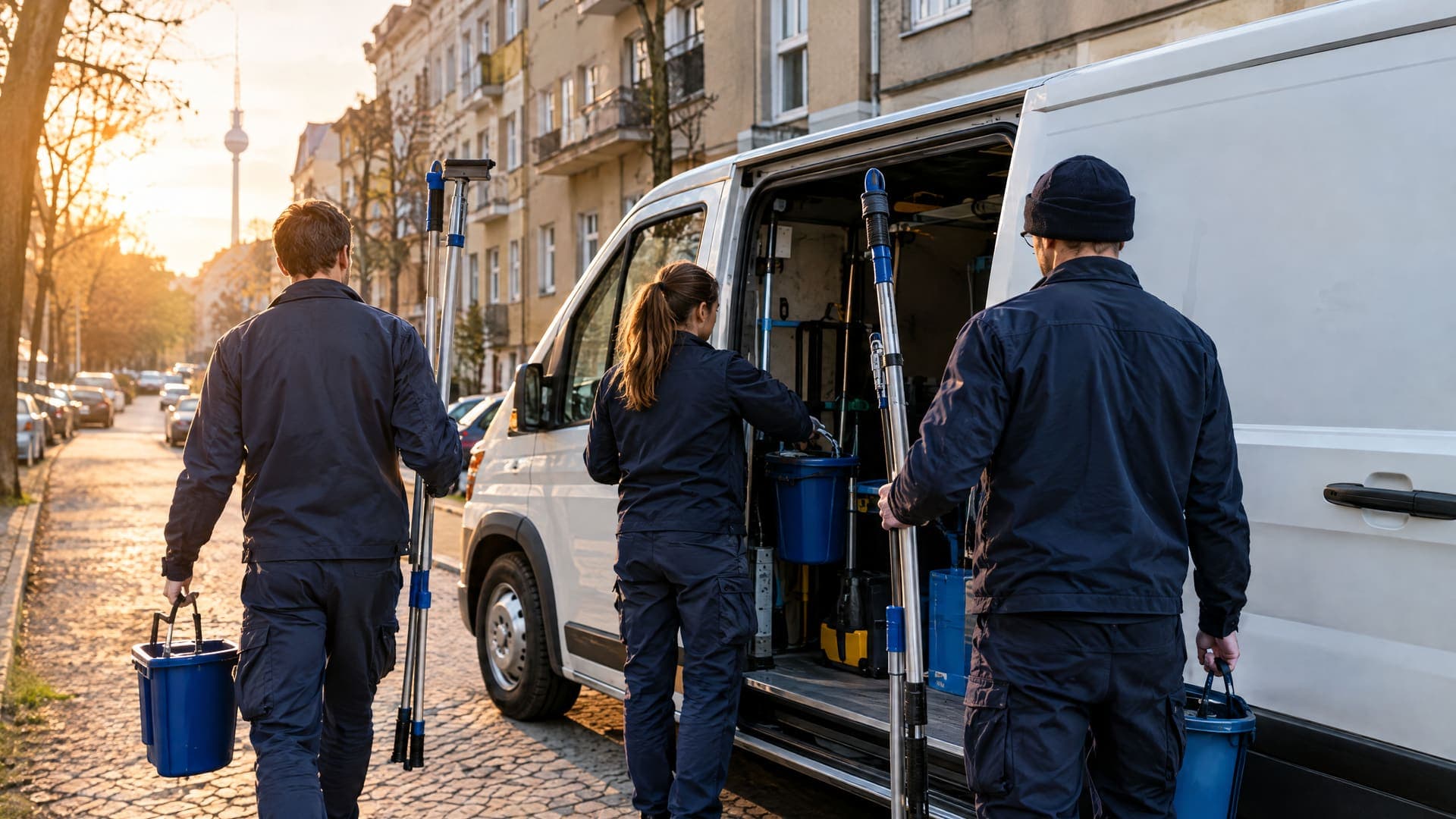 Reinigungsteam von hinten beim Ausladen von Abziehern und Teleskopstangen aus einem Transporter in einer Berliner Straße