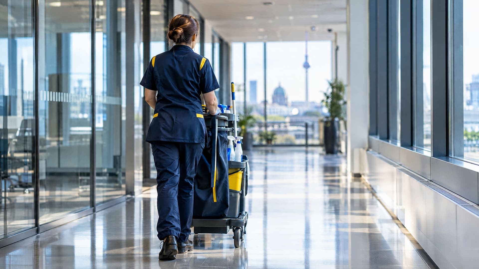 Reinigungskraft mit Reinigungswagen in einem hellen Bürogang in Berlin