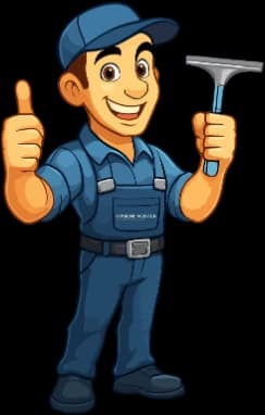 Maskottchen von Hygiene Meister mit Daumen hoch und Fensterabzieher